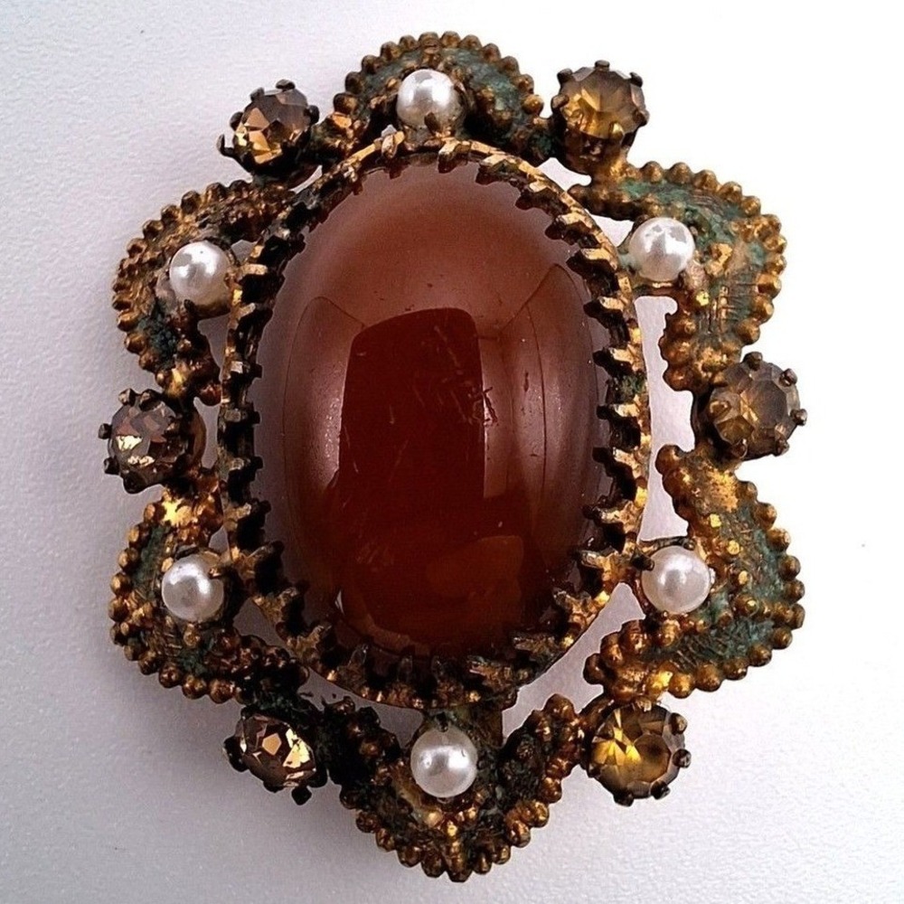Vintage Austrian oval brooch ribbon trim red rust color gold tone mid century